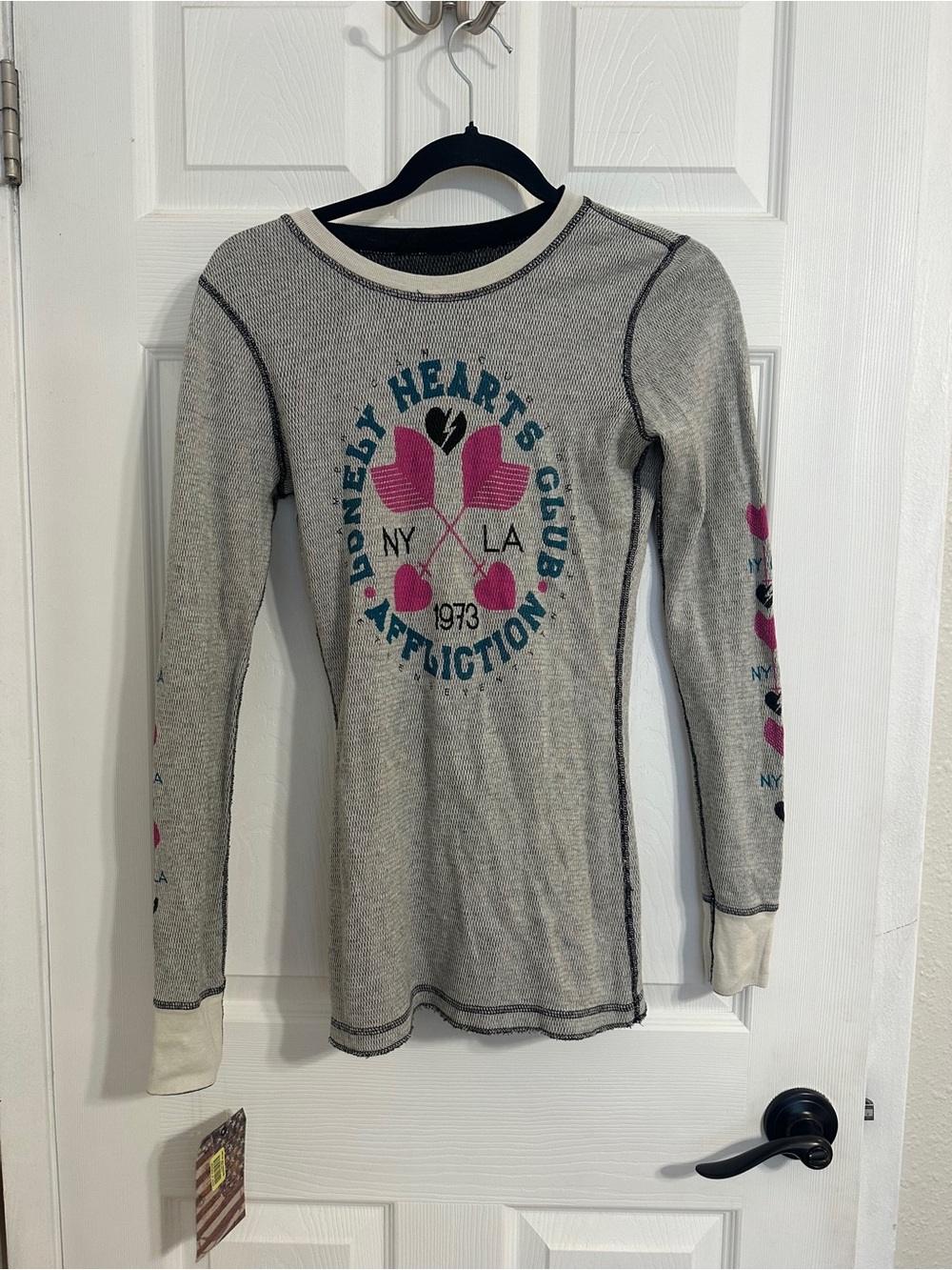 Vintage Y2K Affliction "Lonely Hearts Club" graphic thermal long-sleeve top.